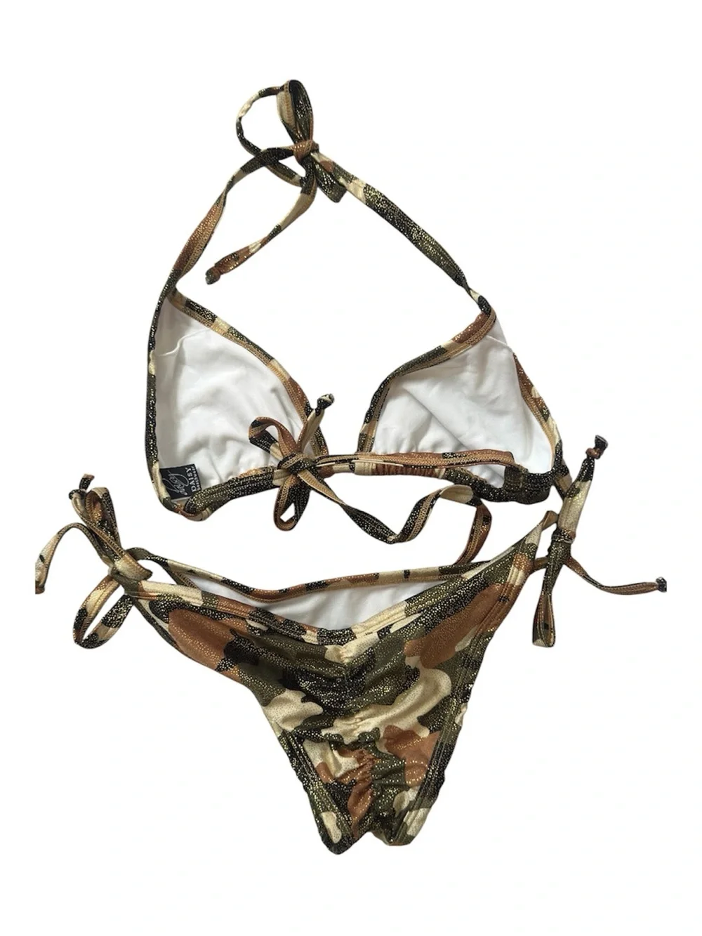 Daisy Camo Triangle Tie-Side Bikini - Olive, Brown, Tan